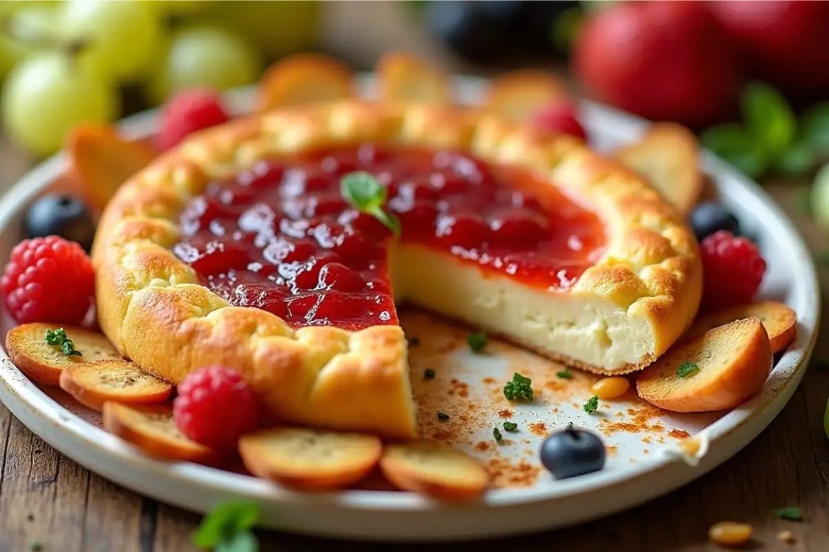 Kid-friendly Baked Brie wrapped in puff pastry with a smiley face decoration, served with colorful dippers like apples, carrots, and pretzels.