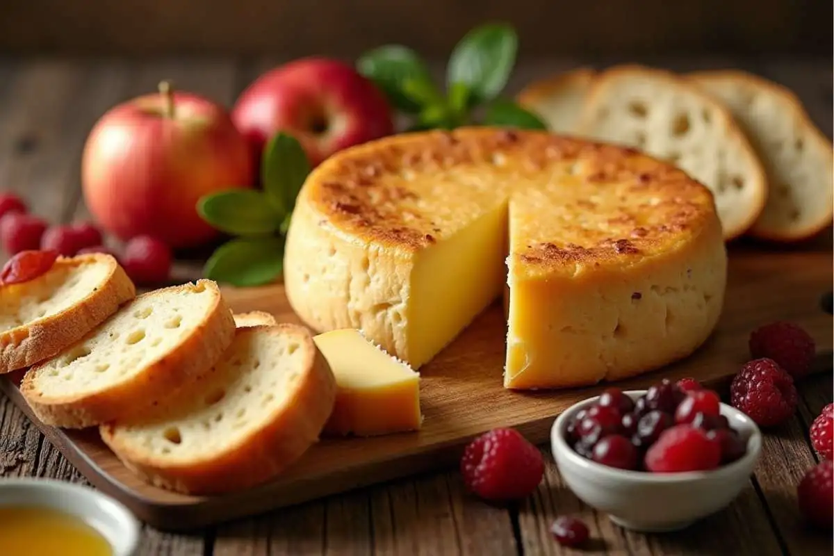 A round of baked Brie with its golden crust intact, showing the creamy cheese oozing out from under the edible rind